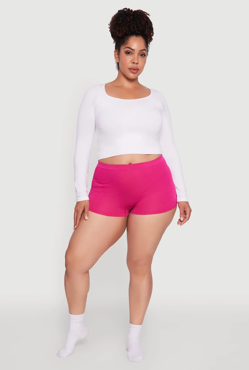 Womens Plus Size Seamless High Waisted Ribbed Knit Boyshort Panty, Pink, Size 2X