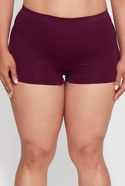 Womens Plus Seamless High Waisted Ribbed Knit Boyshort Panty,