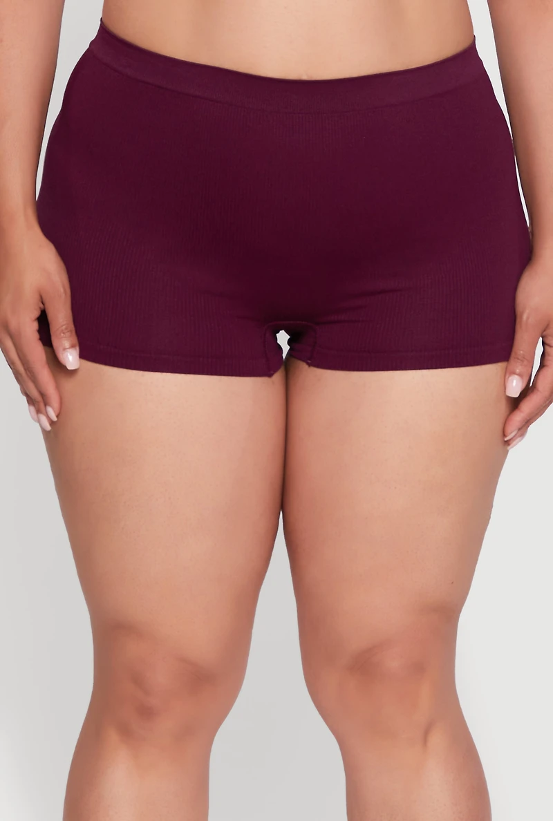 Plus Seamless High Waisted Ribbed Knit Boyshort Panty