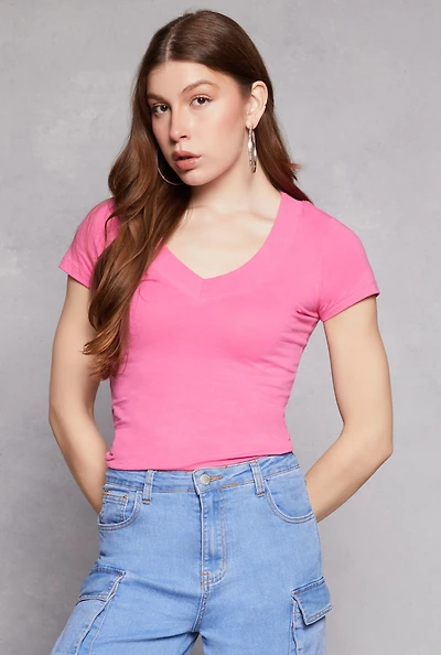 Womens Basic V Neck Short Sleeve Tee, M