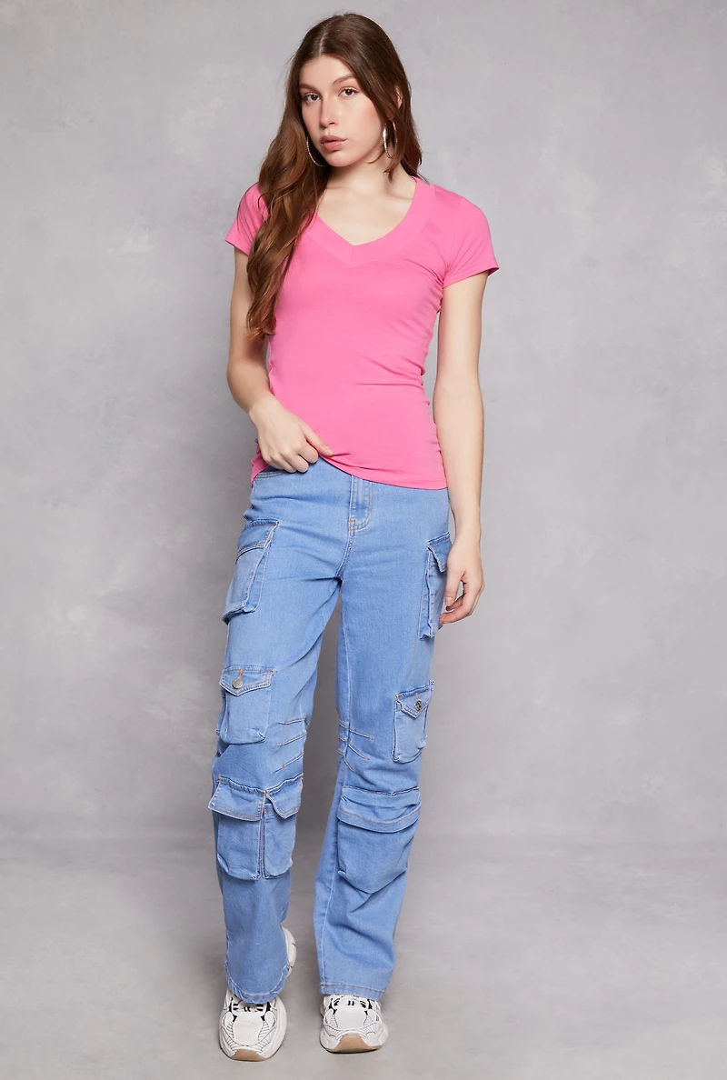 Womens Basic V Neck Short Sleeve Tee, M