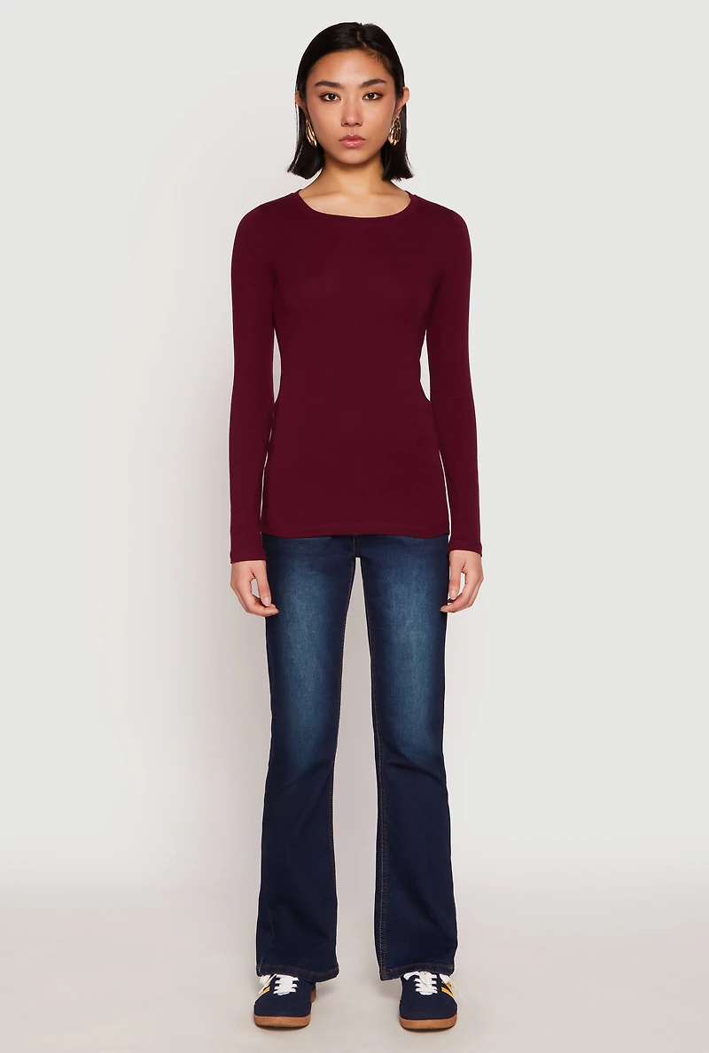 Womens Basic Crew Neck Long Sleeve Tee, Burgundy, Size M