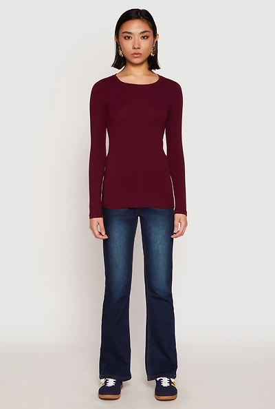 Womens Basic Crew Neck Long Sleeve Tee, Burgundy, Size M