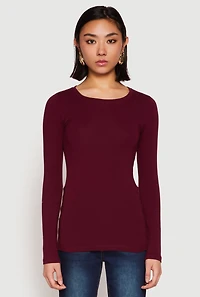 Womens Basic Crew Neck Long Sleeve Tee, Burgundy, Size M