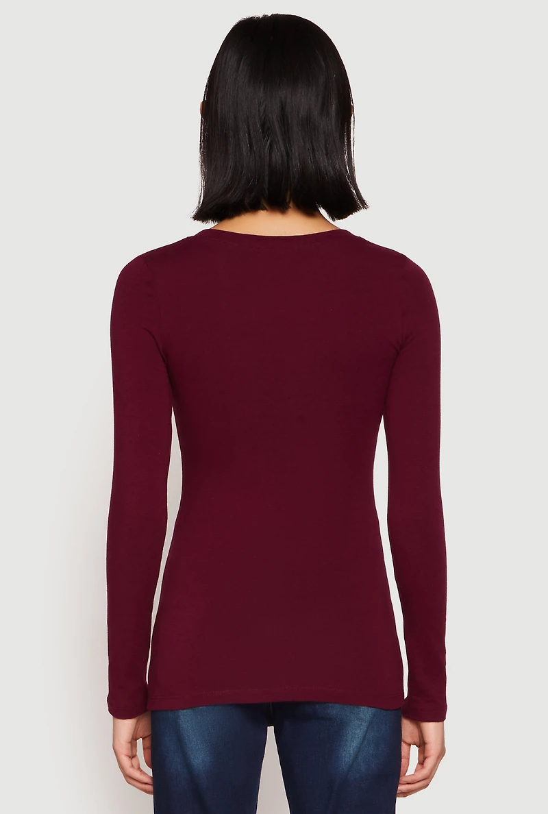 Womens Basic Crew Neck Long Sleeve Tee, Burgundy, Size M