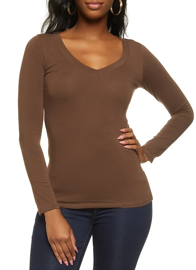Womens Basic V Neck Long Sleeve Top,