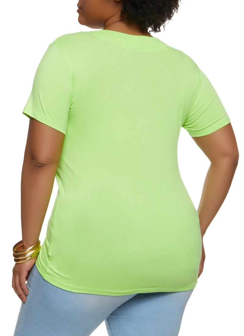 Womens Plus Size Basic V Neck Tee, Green, Size 2X