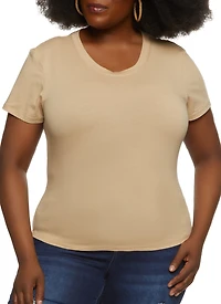 Womens Plus Size Basic Crew Neck T Shirt, Beige, Size 1X