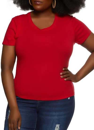 Womens Plus Size Basic Crew Neck T Shirt, Red, Size 2X