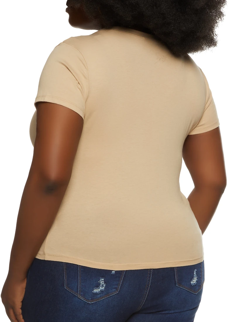 Womens Plus Size V Neck Basic Tee, Beige, Size 2X