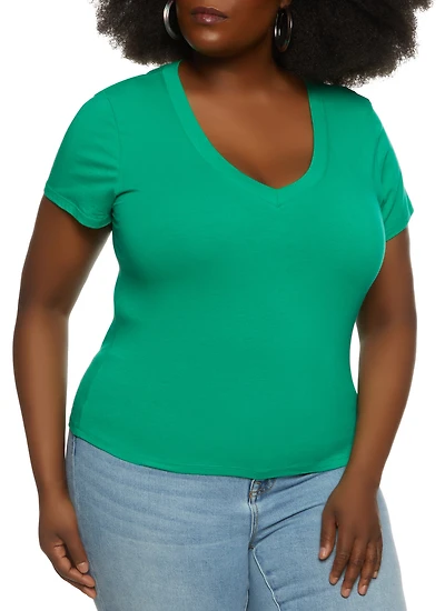 Womens Plus V Neck Basic Tee,