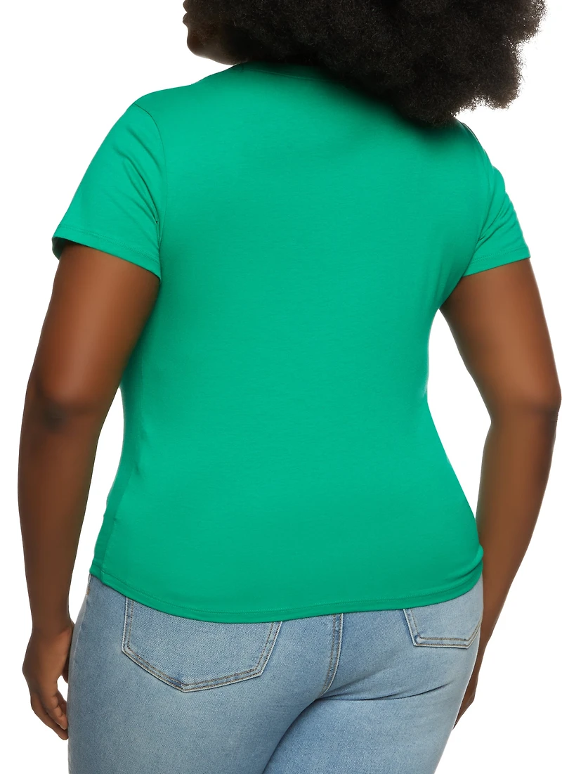 Womens Plus Size V Neck Basic Tee, Green, Size 2X
