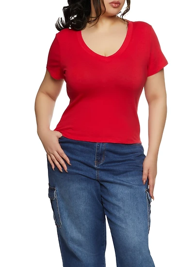 Womens Plus Size V Neck Basic Tee, Red, Size 1X