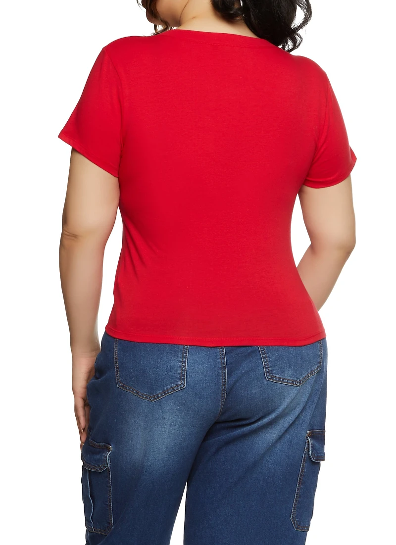 Womens Plus Size V Neck Basic Tee, Red, Size 1X