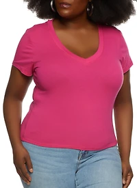 Womens Plus Size V Neck Basic Tee, Pink, Size 2X
