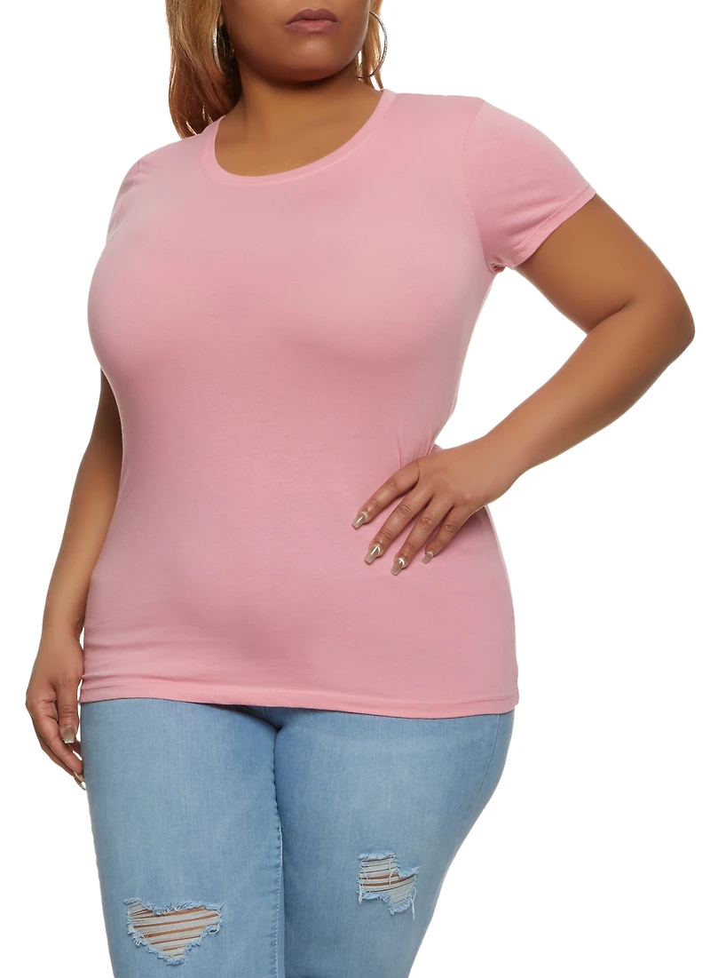 Womens Plus Size Basic Short Sleeve Crew Neck Tee, Pink, Size 1X