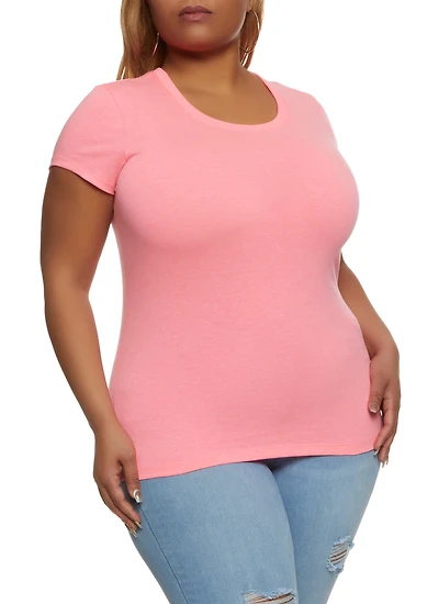 Womens Plus Size Basic Short Sleeve Crew Neck Tee, Pink, Size 1X