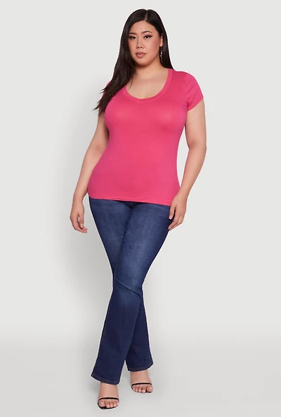 Womens Plus Size V Neck Tee, Pink, Size 1X