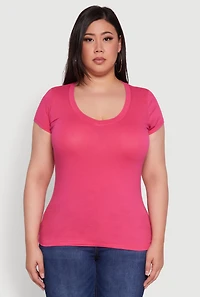 Womens Plus Size V Neck Tee, Pink, Size 1X