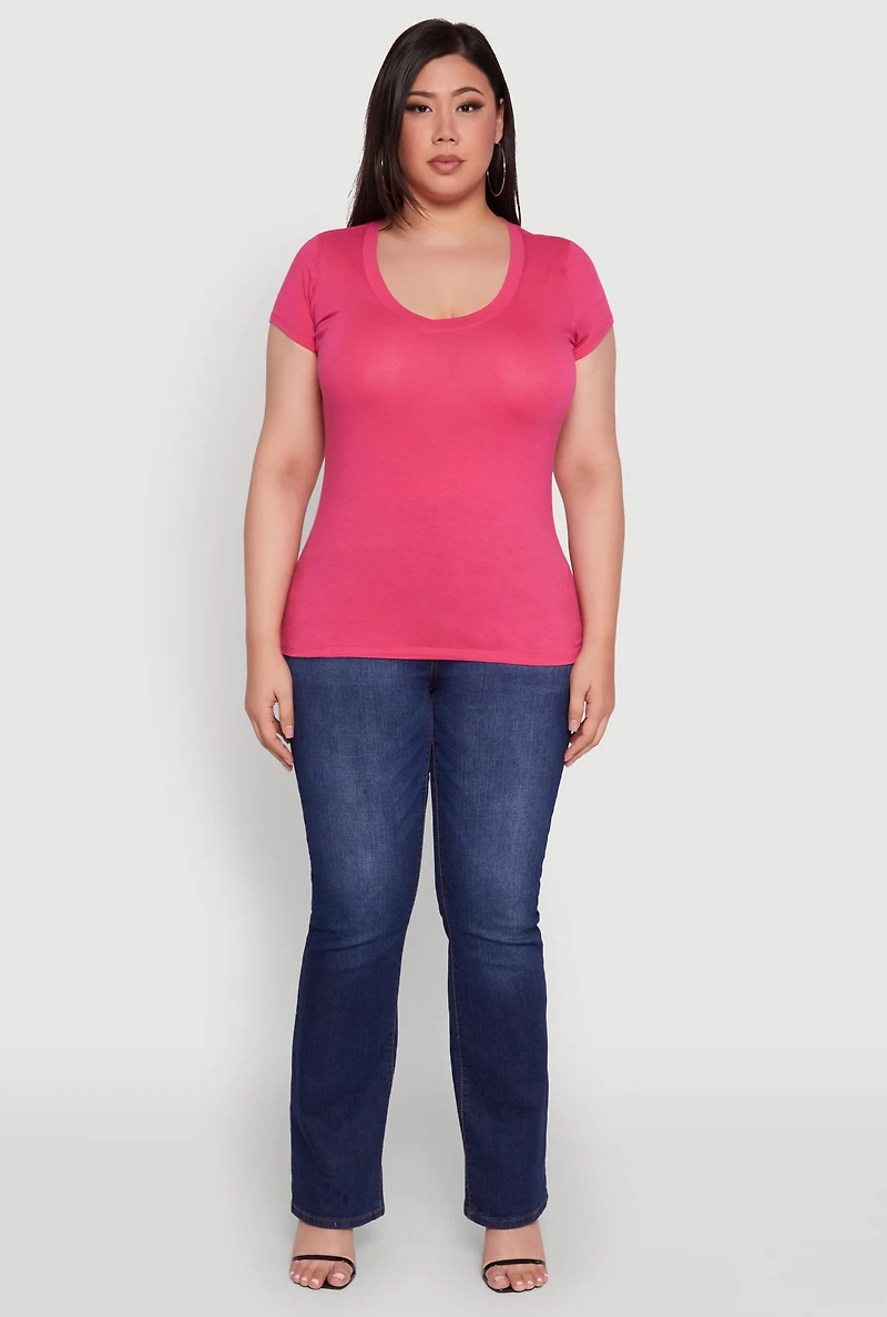 Womens Plus Size V Neck Tee, Pink, Size 1X