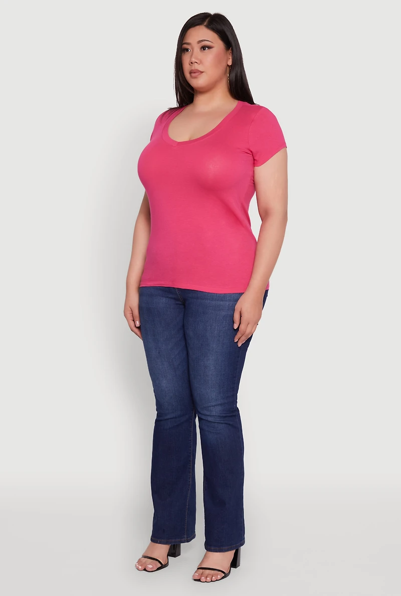 Womens Plus Size V Neck Tee, Pink, Size 1X