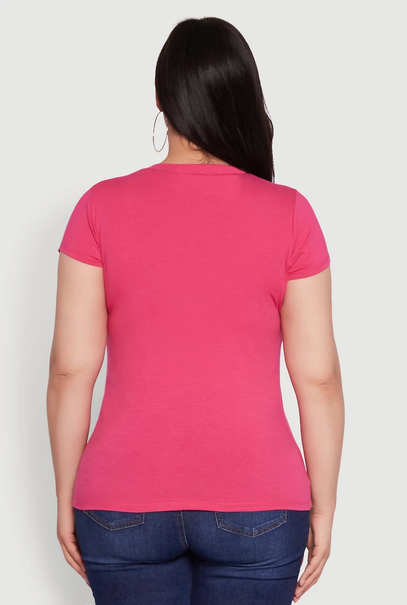 Womens Plus Size V Neck Tee, Pink, Size 1X