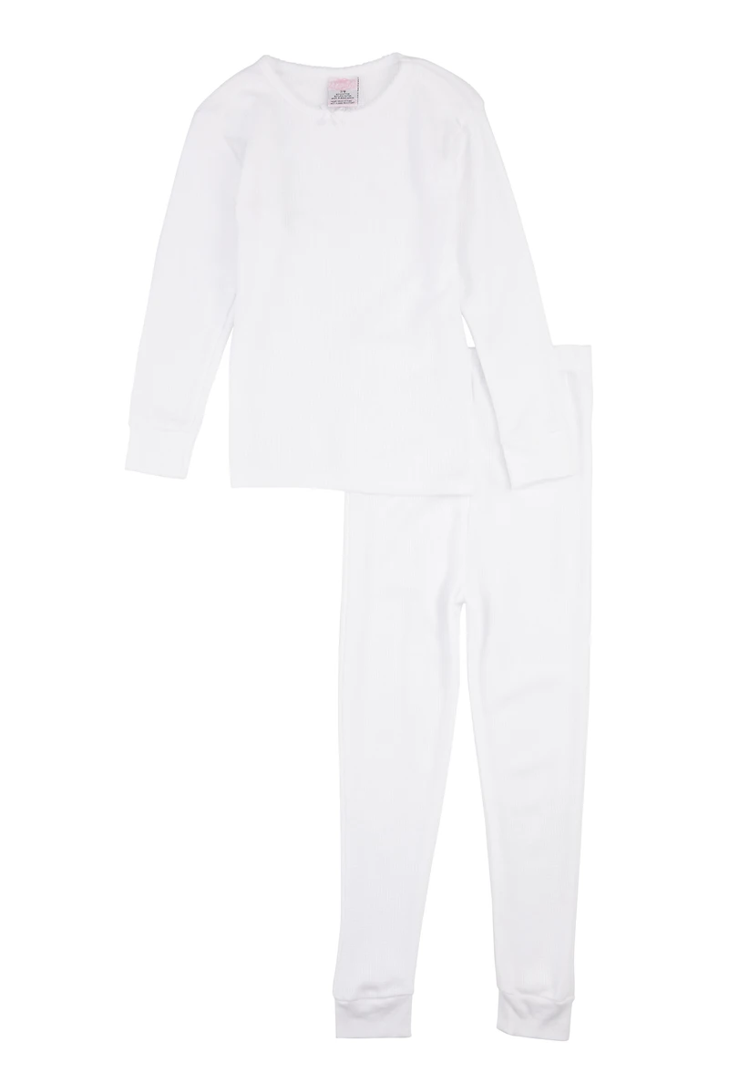 Womens Girls Thermal Top and Pants, White, Size 10-12