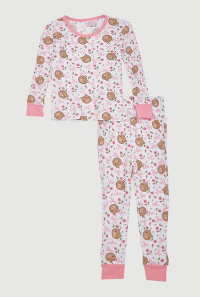 Little Girls Patterned Thermal Top and Pants Set, Pink, Size 5-6