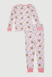 Little Girls Patterned Thermal Top and Pants Set, Pink, Size 5-6