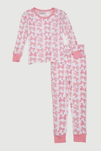 Little Girls Patterned Thermal Top and Pants Set, Pink,