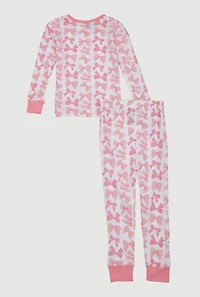 Little Girls Patterned Thermal Top and Pants Set, Pink,