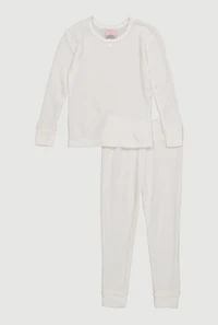 Little Girls Bow Detail Waffle Knit Thermal Top and Pants, White, Size 5-6