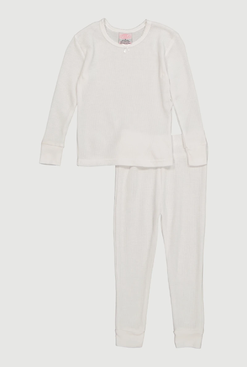 Little Girls Bow Detail Waffle Knit Thermal Top and Pants