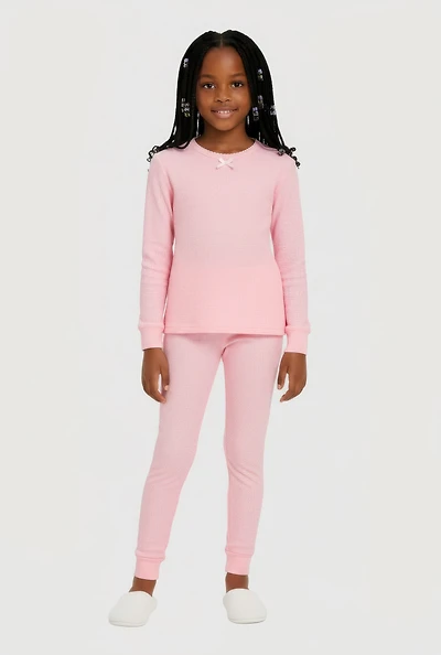 Little Girls Bow Detail Waffle Knit Thermal Top and Pants,