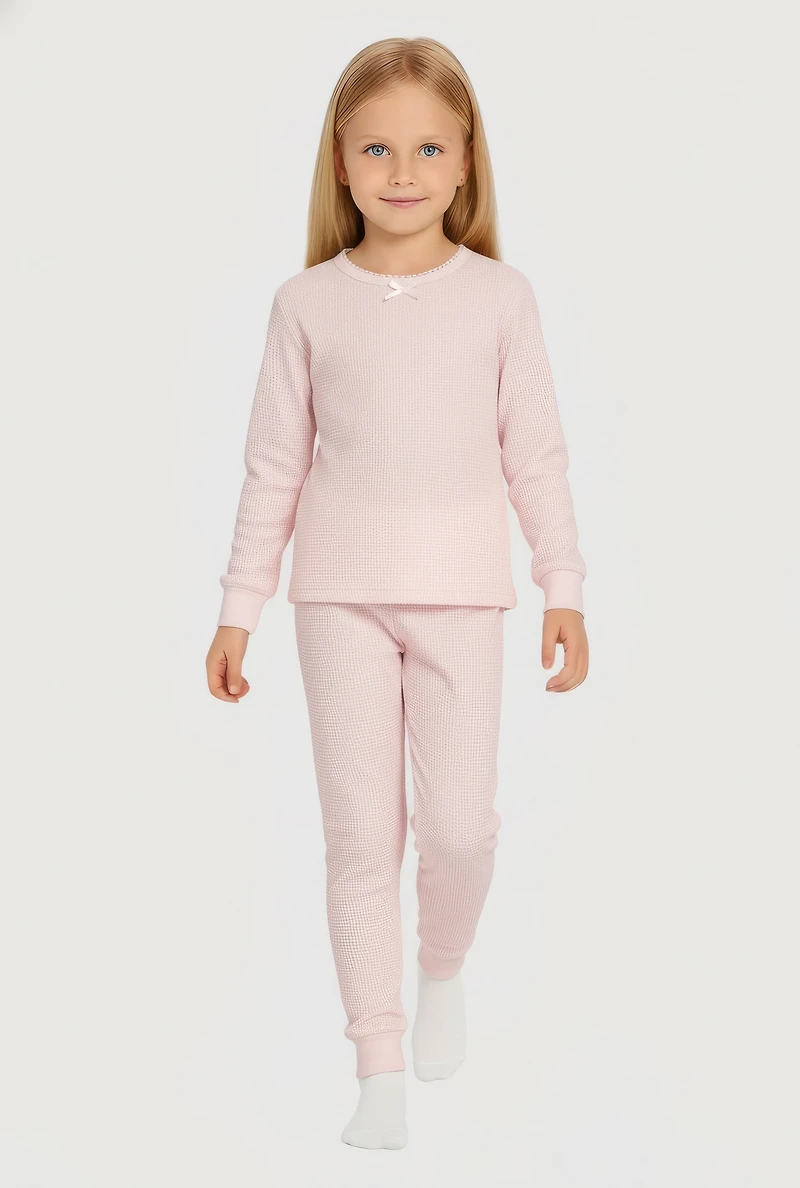 Little Girls Bow Detail Waffle Knit Thermal Top and Pants