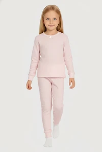 Little Girls Bow Detail Waffle Knit Thermal Top and Pants