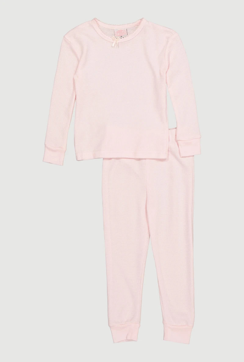Little Girls Bow Detail Waffle Knit Thermal Top and Pants