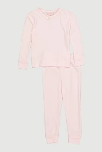 Little Girls Bow Detail Waffle Knit Thermal Top and Pants
