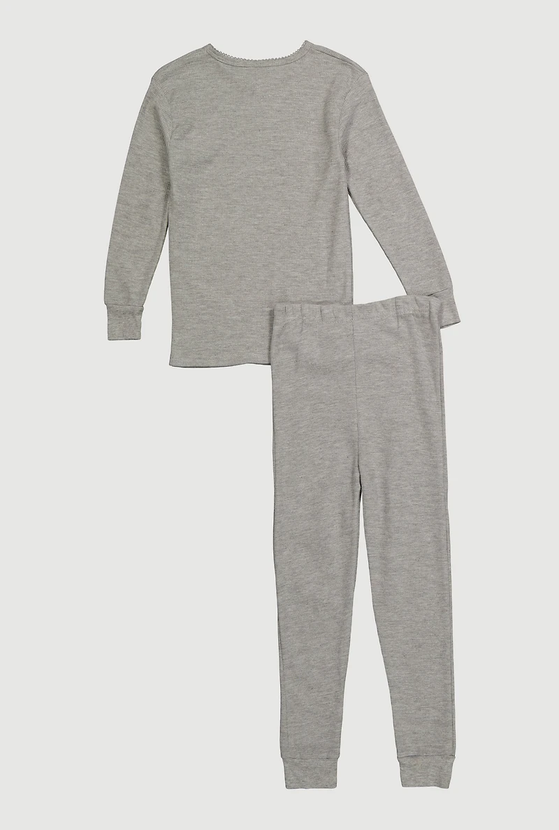 Girls Waffle Knit Long Sleeve Thermal Top and Pants,