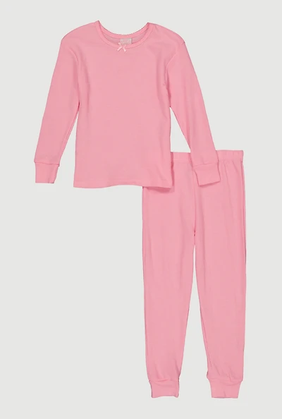 Girls Waffle Knit Long Sleeve Thermal Top and Pants, Pink,