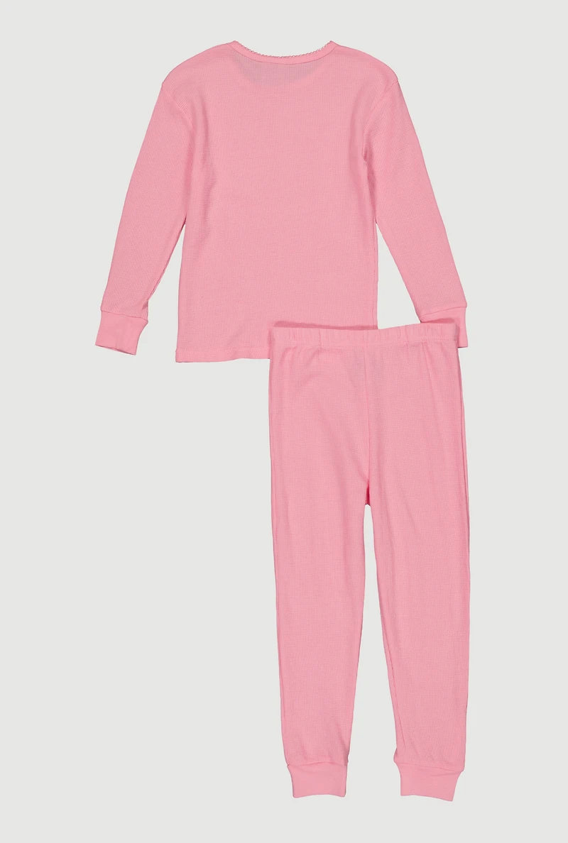 Girls Waffle Knit Long Sleeve Thermal Top and Pants, Pink,