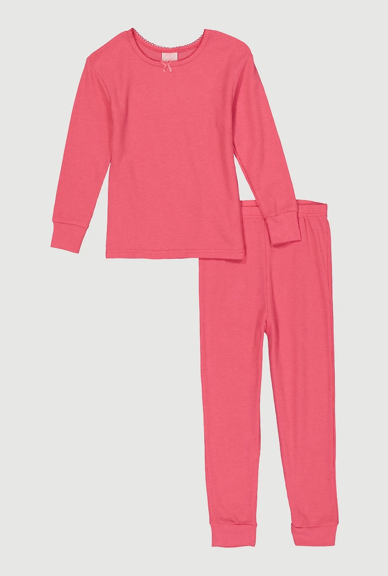 Girls Waffle Knit Long Sleeve Thermal Top and Pants