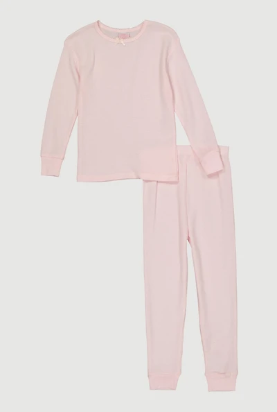 Girls Waffle Knit Long Sleeve Thermal Top and Pants, Pink,