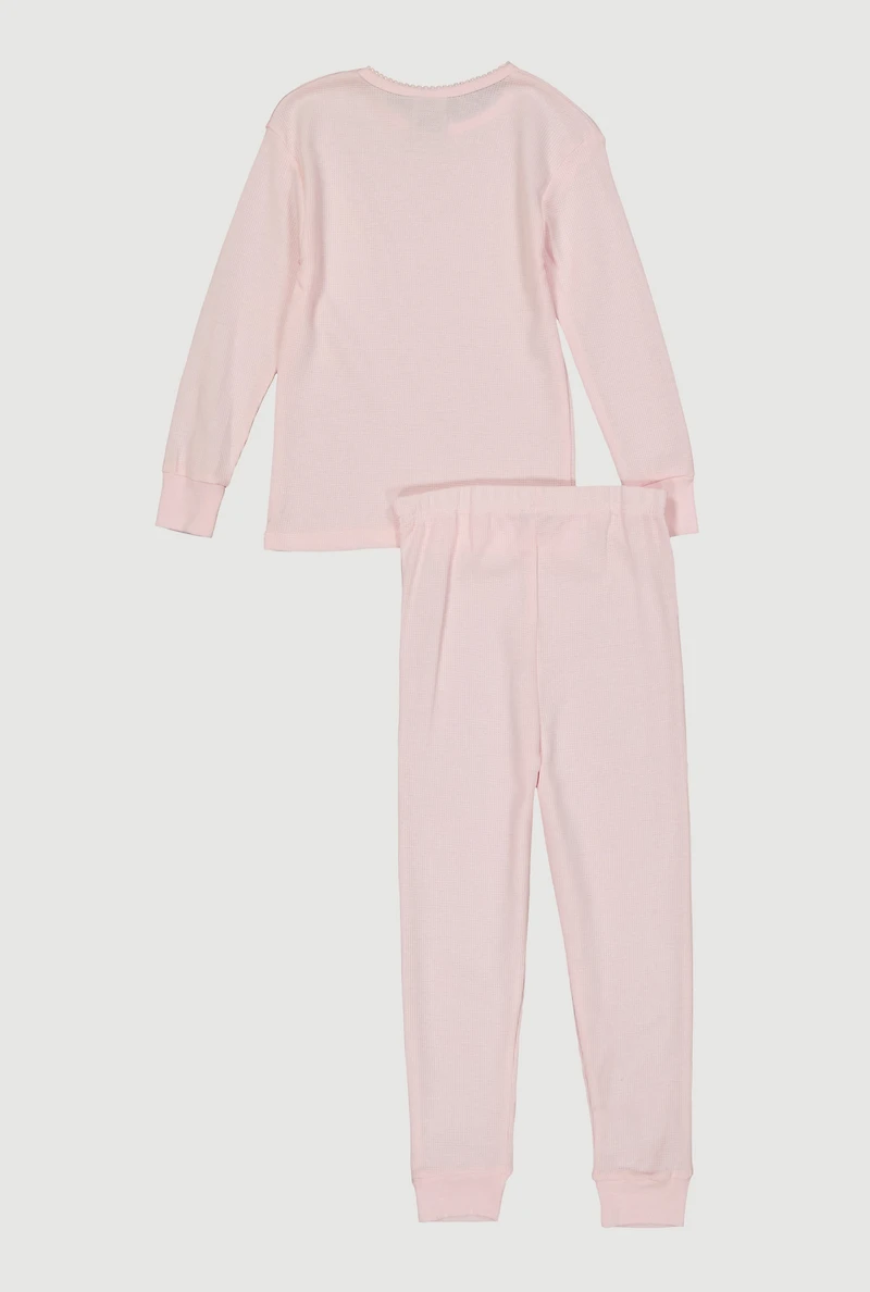 Girls Waffle Knit Long Sleeve Thermal Top and Pants, Pink,
