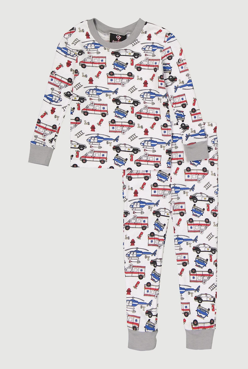 Little Boys Printed Pattern Waffle Knit Thermal Top and Pants