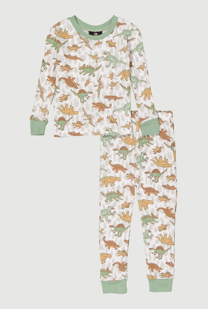 Little Boys Printed Pattern Waffle Knit Thermal Top and Pants