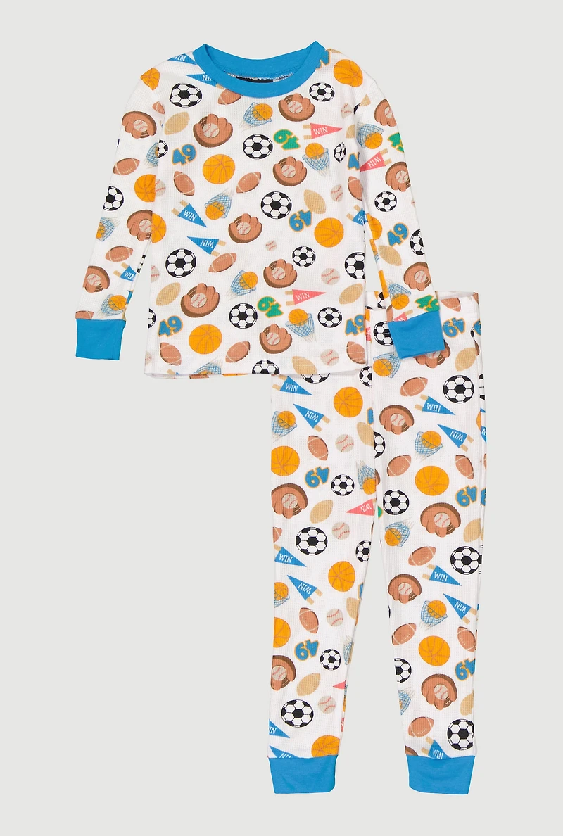 Little Boys Printed Pattern Waffle Knit Thermal Top and Pants,