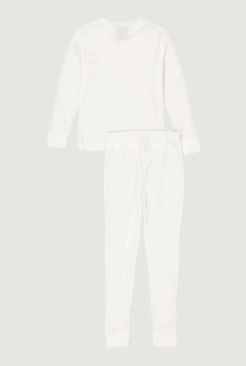 Boys Waffle Knit Long Sleeve Thermal Top and Pants, White, Size 8-10