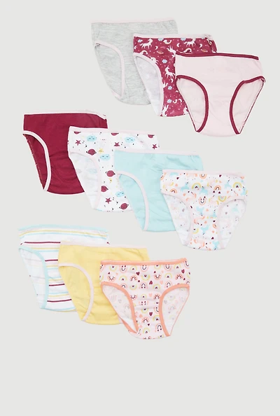 Toddler Girls Assorted Pattern Contrast Trim Panties 10 Pack, Multi, Size 3T