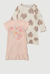 Toddler Girls Heart Graphic Print Nightgown 2 Pack, Multi, Size 3T
